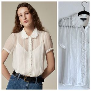 NWT J.Crew Women's Sheer Lace-Trim Button Up Shirt in Ivory Size 0